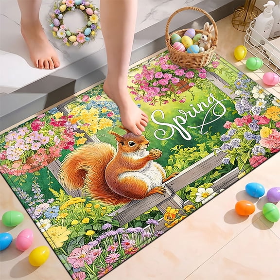 YIMEIS Squirrel flower basket in spring Bathroom-Specific Flannel Non-Slip Mat 15.7''*23.6'', Soft, Rug by Bathroom Sink