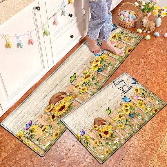 YIMEIS Sunflower Garden Flannel Floor Mat & Kitchen Rugs 2-Piece Set,Soft Non-slip for Bathroom Entryway Bedroom