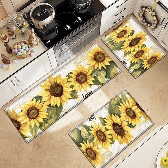 YIMEIS Sunflowers are in full bloom 3Pcs Kitchen Mat Set, Flannel Non-Slip Machine Washable Rugs for Kitchen Floor & Sink Area