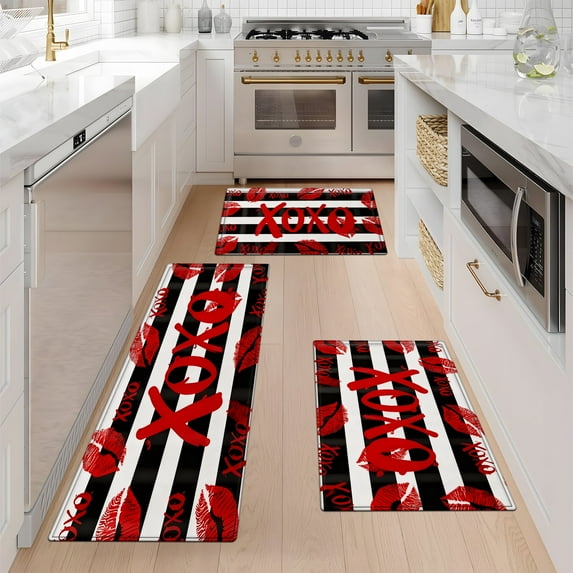 YIMEIS Valentine's Day Red Lips Black and White Stripes Kitchen Mat Washable Non-Skid Absorbent Runner Rugs (16''24''/20''32''/47''18'') - 3 Pcs Recommended for Kitchen Sink Front/Floor