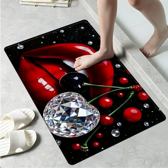 YIMEIS Valentine's Day Red Lips Cherry Diamond Machine Washable Non-Slip Rubberback Indoor Runner Rug/Area Rug for Kitchen, Hallway, Kitchen, Entryway, Bathroom, 1 Piece - 16''*24''