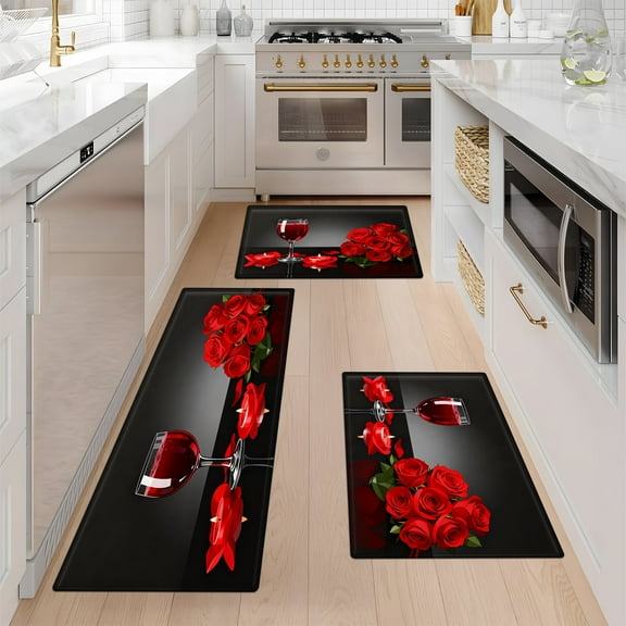 YIMEIS Valentine's Day Red Wine Roses Fall Kitchen Mats Set of 3,Xmas Winter Seasonal Farmhouse Home Seasonal Decorations Rugs for Floor - 16''*24'' and 20''*30'' and 17''*47'' in