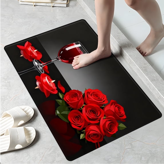 YIMEIS Valentine's Day Red Wine Roses Fall Kitchen Rugs, Xmas Holiday Kitchen Mat Decor Home Decorations, Green Christmas Mats for Kitchen Floor - 16''*24''
