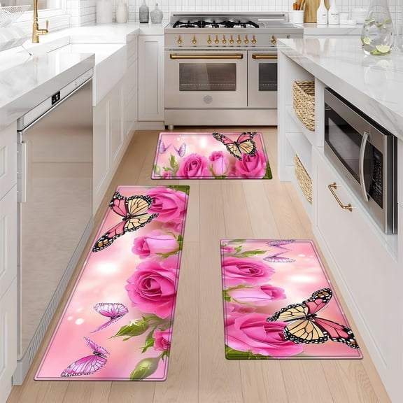 YIMEIS Valentine's Day Roses Kitchen Mat Washable Non-Skid Absorbent Runner Rugs (16''24''/20''32''/47''18'') - 1/2/3 Pcs Recommended for Kitchen Sink Front/Floor, Suitable for All Age Groups
