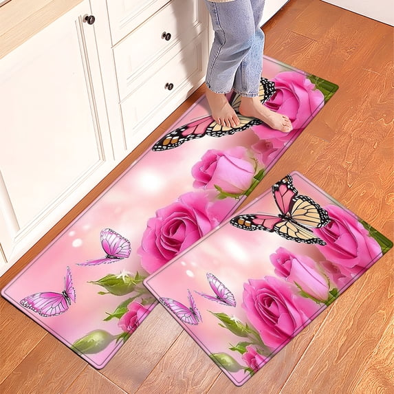 YIMEIS Valentine's Day Roses Kitchen Mat Washable Non-Skid Absorbent Runner Rugs (16''24''/47''18'') - 1/2 Pcs Recommended for Kitchen Sink Front/Floor, Suitable for All Age Groups