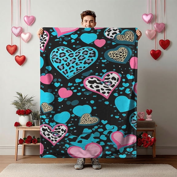 YIMEIS Valentine's Day leopard heart Soft Flannel Blanket, 50*60 Inch Multiple Sizes, Easy Clean & Durable, for Office Nap Sofa Movie