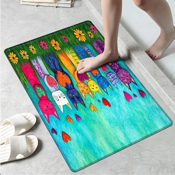 YIMEIS Valentine's Day, rainbow cat 1Pc Flannel Mat and Kitchen Rugs,Soft Non-slip,Perfect for Home Bathroom