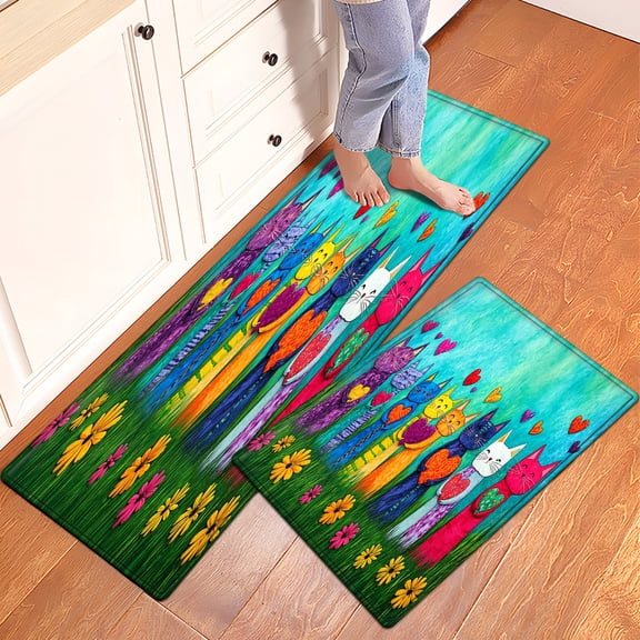 YIMEIS Valentine's Day, rainbow cat 2Pcs Versatile Flannel Mat & Kitchen Rugs,Soft Non-slip for Bathroom Entryway