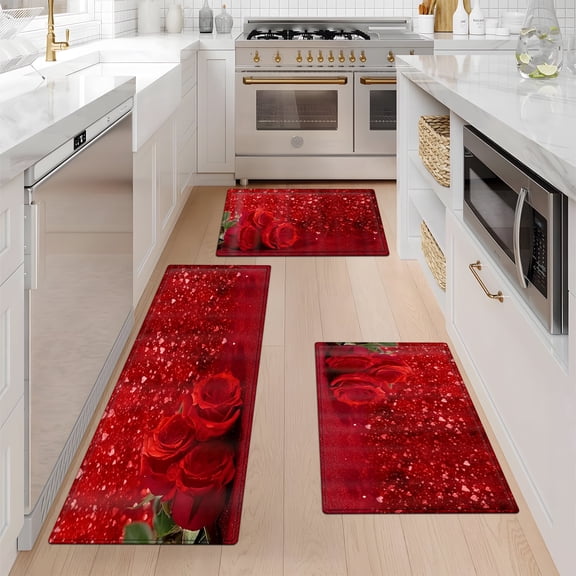 YIMEIS Valentine's Day roses Kitchen Mat Rug Set - Perfect for Kitchen Counter, 16''*24''/20''*32''/47''*18'', Functional for Decoration