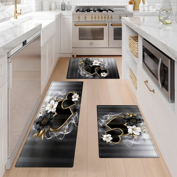 YIMEIS Valentine's Day theme, golden hearts, black flowers, white smoke, romantic atmosphere Fall Kitchen Rugs Non Skid Washable Area Carpet [Made in USA], Multi - 3 Pcs 16''*24''/20''*32''/47''*18''