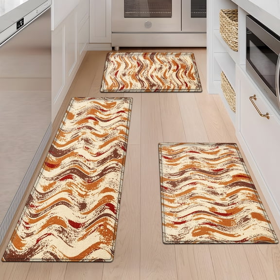 YIMEIS Warm Brown Wavy Texture Soft Touch 3Pcs Flannel Mat & Kitchen Rugs,Non-slip for Home Decoration Bathroom Entry