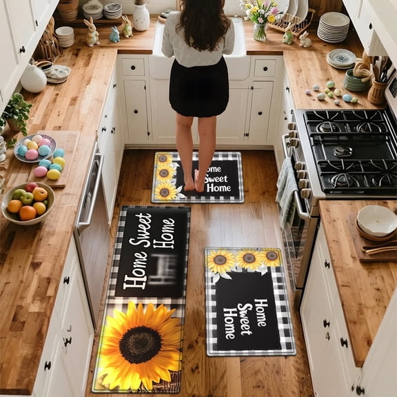 YIMEIS Warm sunflowers Flannel Kitchen Mat Set 3Pcs, Non-Slip Machine Washable Rugs for Kitchen & Dining Room