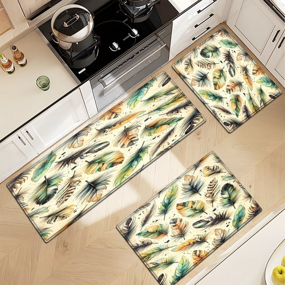 YIMEIS Watercolor Style Feather Soft Non-slip 3Pcs Flannel Mat & Kitchen Rugs,Great for  Entryway Bathroom
