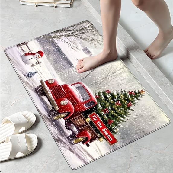 YIMEIS Winter Christmas Truck Snowman Fall Kitchen Rugs, Xmas Holiday Kitchen Mat Decor Home Decorations, Green Christmas Mats for Kitchen Floor - 16''*24''