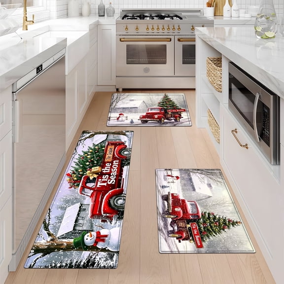 YIMEIS Winter Christmas Truck Snowman Fall Kitchen Rugs Set of 3, Xmas Holiday Kitchen Mat Decor Home Decorations, Green Christmas Mats for Kitchen Floor - 16''*24'' and 20''*30'' and 17''*47'' in