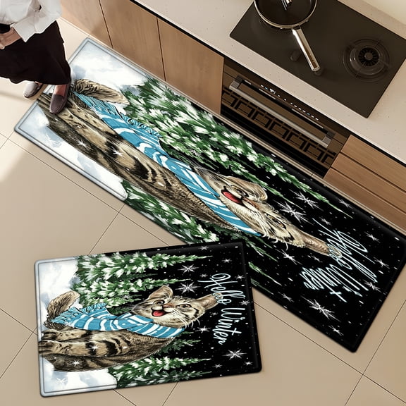 YIMEIS Winter Snow Scene, Cat Wearing a Scarf Soft Non-slip 2Pcs Flannel Mat and Kitchen Rugs,16''×24'' 17''x 47'',for Bathroom Bedroom Entry
