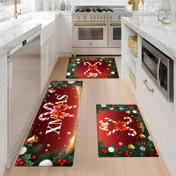 YIMEIS Xmas Decorations Festive Bells Fall Kitchen Rugs Non Skid Washable Area Carpet [Made in USA], Multi - 1/2/3 Pcs 16''*24''/20''*32''/47''*18