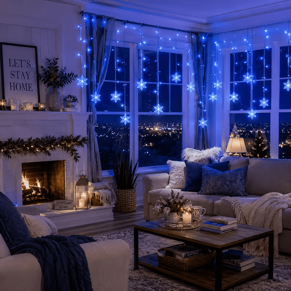 YIMIA 6.5m Blue USB Snowflake Curtain Christmas Lights, 8 Modes Fairy String Lights for Indoor Living Room Bedroom Window Decor 1pcs