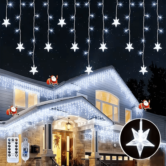 YIMIA Christmas 21.3ft Star Icicle Curtain Lights, 8 Lighting Modes Remote & USB, IP45 Waterproof Indoor Outdoor Decor (White 1pcs)