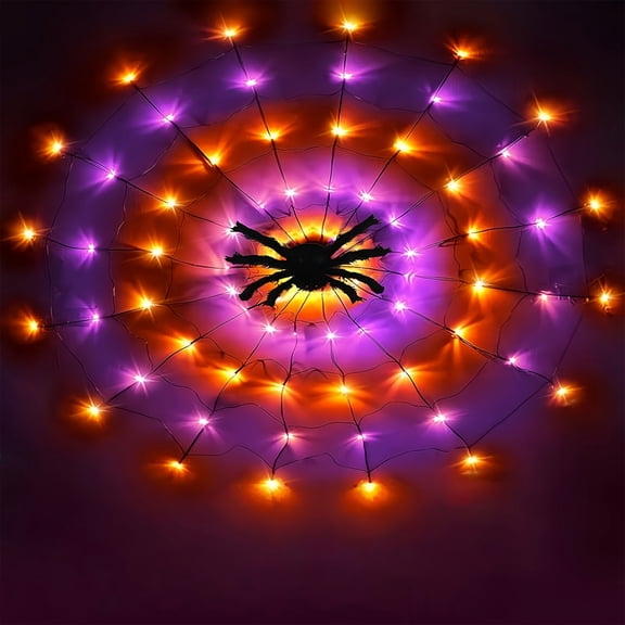 YIMIA Halloween 4ft LED Spider Web Lights, 70 LEDs 8 Modes Remote, IP45 Waterproof Indoor Outdoor Cobweb Decor Purple & Orange 2 Pcs