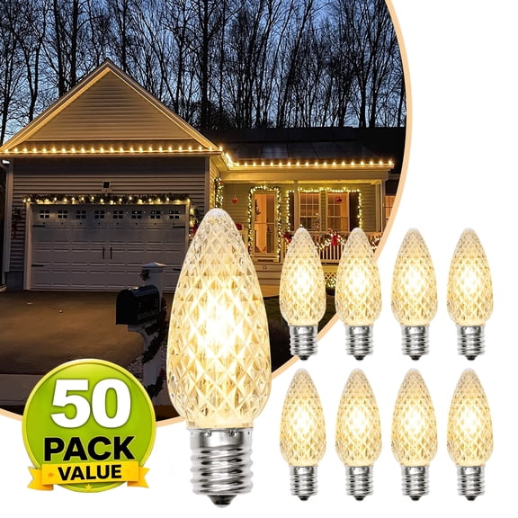 YIMIEMIT 50 Pack C9 LED Replacement Bulbs, 2700K Warm White E17 Base Shatterproof Bulbs for Christmas Holiday Decor.