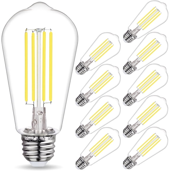 10-Pack ST58 LED Edision Bulbs 60 Watt, Daylight White 5000K, E26 Base, Dimmable, 800 Lumens, Shatterproof