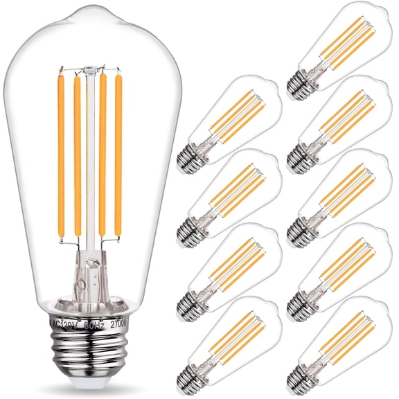 10-Pack ST58 LED Edision Bulbs 60 Watt, Warm White 2700K, E26 Base, Dimmable, 800 Lumens, Shatterproof