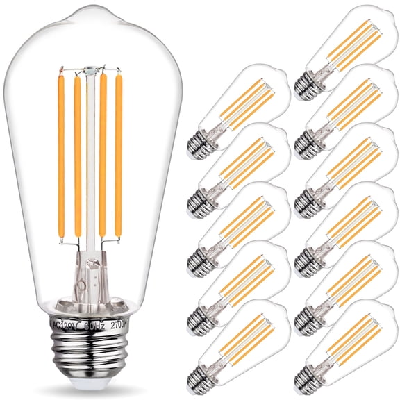 12-Pack ST58 LED Edision Bulbs 60 Watt, Daylight Warm White 2700K, E26 Base, Dimmable, 800 Lumens, Shatterproof