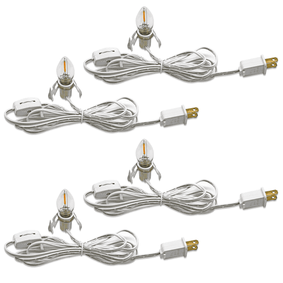 4 Pack Accessory Cord with LED Night Light Bulbs - White Cord with On/Off Switch Plugs - C7 led Bulb Warm White with Spare Fuse, for Holiday Decoration and Craft Village House Decoration