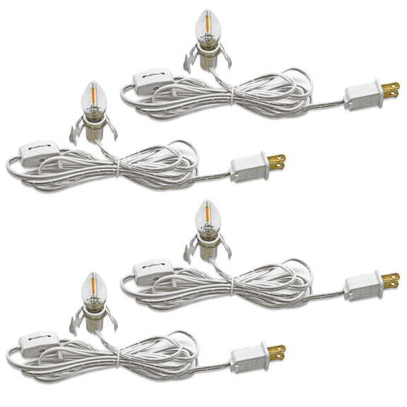 YIMILITE 4 Pack Accessory Cord with LED Night Light Bulbs - White Cord with On/Off Switch Plugs - C7 led Bulb Warm White with Spare Fuse, for Holiday Decoration and Craft Village House Decoration