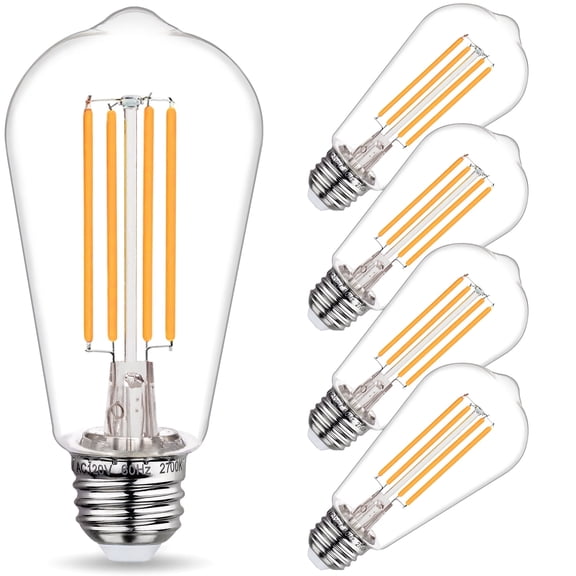 5-Pack ST58 LED Edision Bulbs 60 Watt, Warm White 2700K, E26 Base, Dimmable, 800 Lumens, Shatterproof