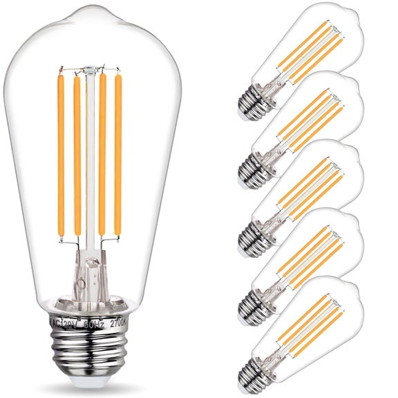 6-Pack ST58 LED Bulbs, 6W (60W Equivalent), Daylight Warm White 2700K, E26 Base, Dimmable, 800 Lumens, Shatterproof