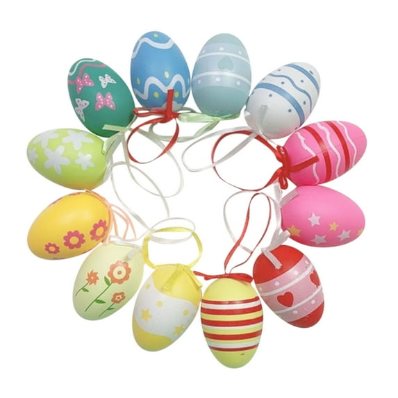 YIMWNYI 12pc Hand Drawn Color Simulated Easter Hanging Decorations, Plastic Egg Ornaments with Ribbon for Trees, Doors, Chandeliers, Fireplaces - Reusable Easter Holiday Decor and Gifts