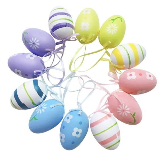YIMWNYI 12pc Hand Drawn Color Simulated Easter Hanging Decorations, Plastic Egg Ornaments with Ribbon for Trees, Doors, Chandeliers, Fireplaces - Reusable Easter Holiday Decor and Gifts