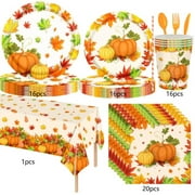 YIMWNYI 133-Piece Fall Maple Leaf Pumpkin Thanksgiving Tableware Set, Disposable Paper Plates, Tablecloth, Thanksgiving Decorations, Fall Themed Thanksgiving Party Supplies