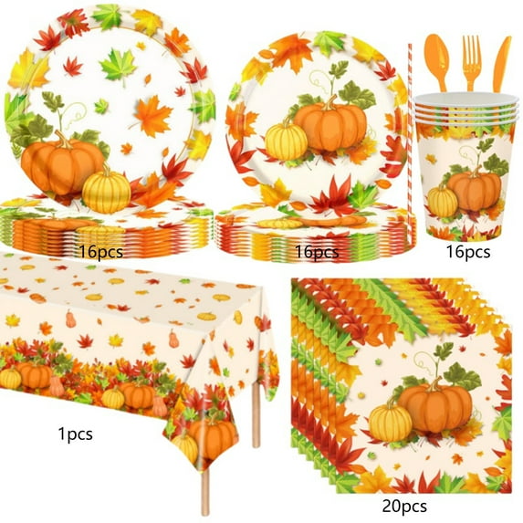 YIMWNYI 133-Piece Fall Maple Leaf Pumpkin Thanksgiving Tableware Set, Disposable Paper Plates, Tablecloth, Thanksgiving Decorations, Fall Themed Thanksgiving Party Supplies