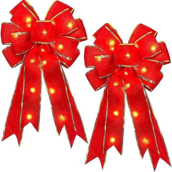 YIMWNYI 2Pcs Large Red Bows for Christmas Tree Topper, Pre-Lit Wreath Bow for Fall, Thanksgiving & Halloween Decorations, Light Up Festive Bows for Holiday Home Décor