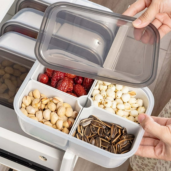 YIMWNYI 4 Compartment Snack Box, Clear Refrigerator Organizer Bins, Plastic Food Storage Containers for Snacks, Fruit, Vegetables, and More - Leak-Proof, Airtight Lid, BPA-Free, Space-Saving Design