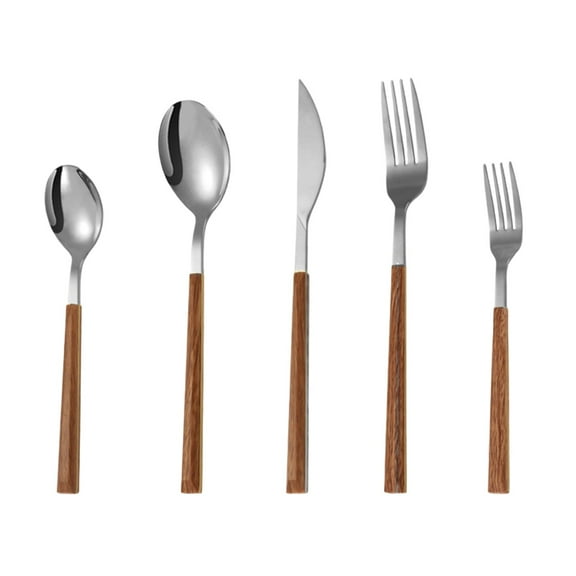 YIMWNYI 5-Piece Stainless Steel Cutlery Set, Wood Grain Handle Imitation, Ergonomic Steak Knife and Fork, Durable and Rust-Resistant, Eco-Friendly Dining Utensils for Casual and Elegant Meals