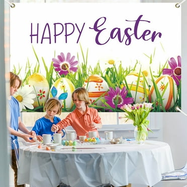 YIMWNYI 71x43 Inch Easter Banner, Holiday Party Decorations, Bunny, Eggs & Flowers Photo Background for Easter, Spring Festival, Family Gatherings & Home Decor