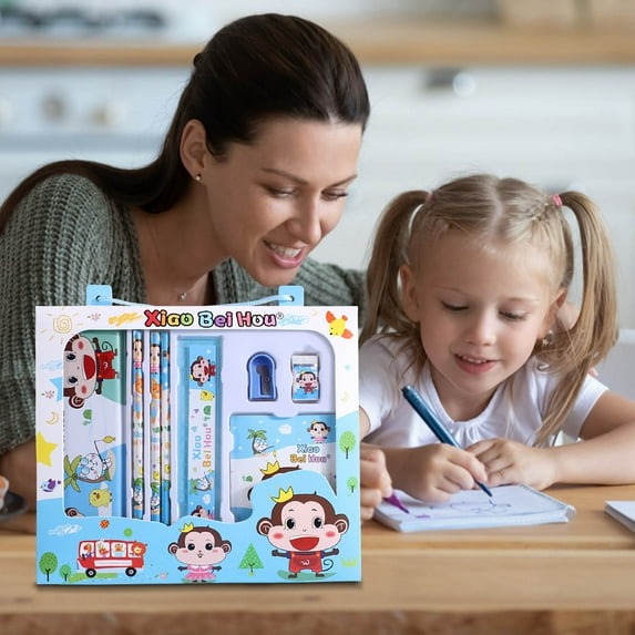 YIMWNYI 8-Piece Stationery Set, Pencil Case, Pencils, Ruler, Sharpener, Eraser, Notebook, Cute and Practical Design for Learning and Work