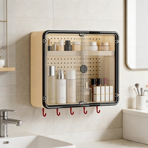 YIMWNYI Bathroom Wall Mounted Storage Cabinet with Doubles Doors and Pegboard, Multifunctional Organizer, Waterproof Plastic, Space Saving Solution, Ideal for Bathroom, Kitchen, Vanity, Garage