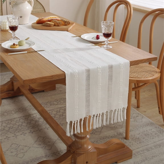 YIMWNYI Boho Table Runner, Linen Macramé with Tassels, Woven Bohemian Home Decor for Dining & Bedroom, Elegant Fringe Lace Design