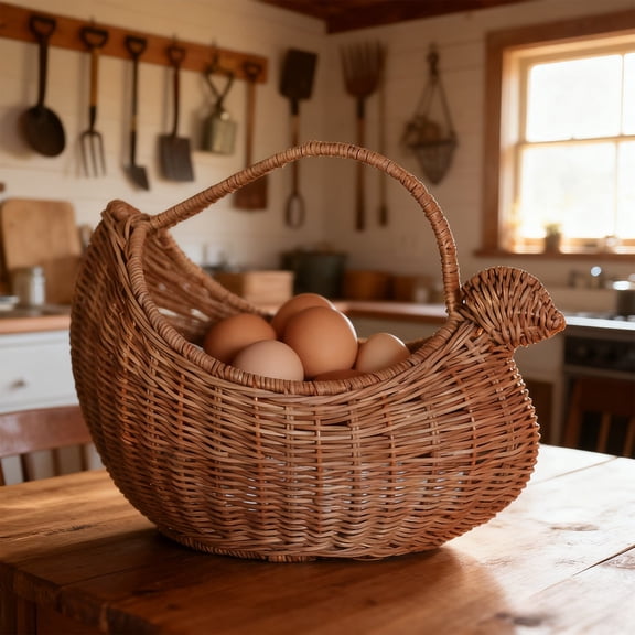 YIMWNYI Chicken Shape Rattan Basket - Handwoven Straw Storage Basket for Fruits, Vegetables & Kitchen Organization - Rustic Farmhouse Decor Tote for Countertop & Picnic
