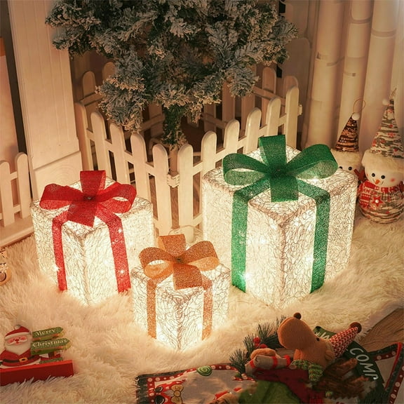 YIMWNYI Christmas Gift Box 3-piece Set, Luminous Light String, Holiday Decorations, Festive Ornaments, Indoor/Outdoor Christmas Decor, Decorative Lights for Home and Yard