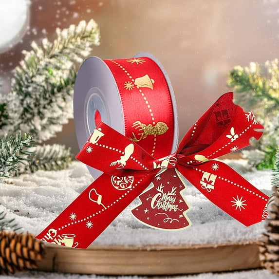 YIMWNYI Christmas Ribbon Stamping Gift Packaging Bow, Red Green Polyester Decoration, Ideal for DIY Wrapping, Tree Decor, Wreath Making, Holiday Embellishments