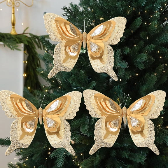 YIMWNYI Christmas Simulation Ornaments, Christmas Scene Arrangement, Sequin Tree Decoration, Fake Butterflies, Holiday Décor for Weddings and Parties, DIY Crafts and Home Decor