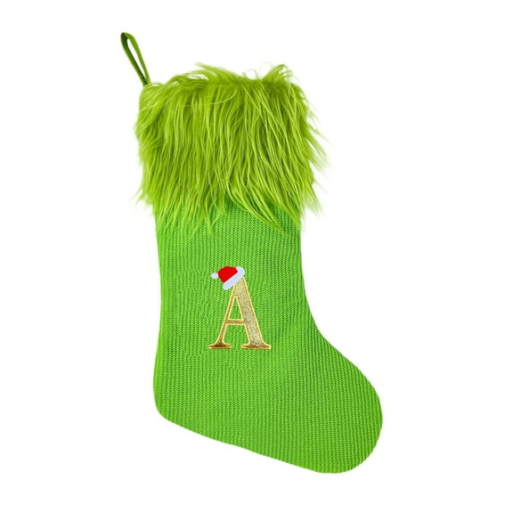 YIMWNYI Christmas Socks, Large Knitted Holiday Stockings, Festive Decoration, Gift Storage Solution, Stylish Christmas Decor, Green Hairy Alphabet Design