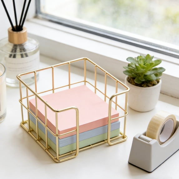 YIMWNYI Desktop Wrought Iron Organizer, Sticky Notes Holder, Multi-Functional Storage Basket, Office Supplies Storage, Stylish Note Pad Rack, Durable Metal Construction