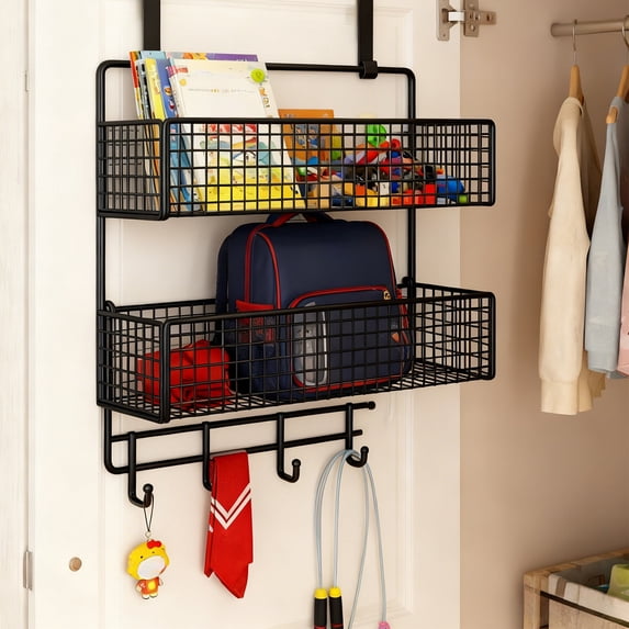 YIMWNYI Over The Door Organizer - 2 Tier Metal Hanging Shelf with Hooks for Bathroom & Kitchen - Space Saving Storage Rack for Pantry, Towels & Supplies (Black/White)